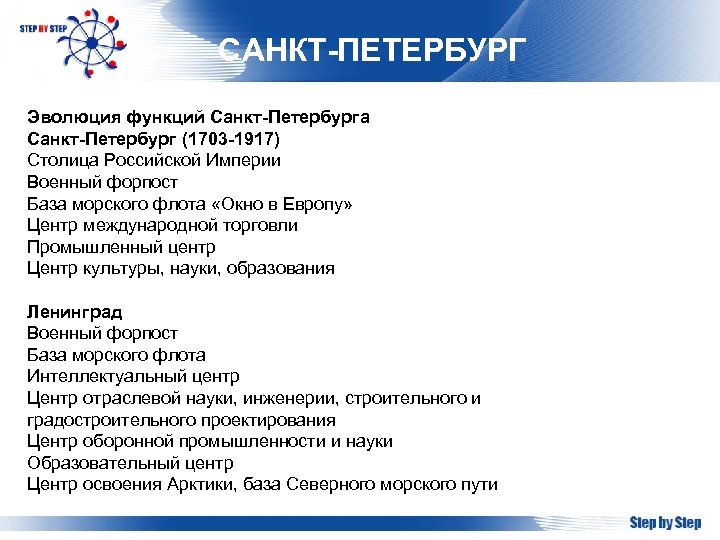 САНКТ-ПЕТЕРБУРГ Эволюция функций Санкт-Петербурга Санкт-Петербург (1703 -1917) Столица Российской Империи Военный форпост База морского