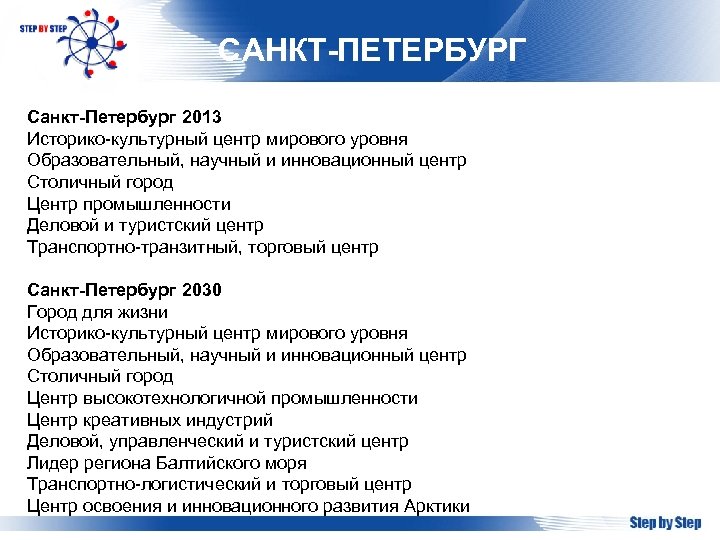САНКТ-ПЕТЕРБУРГ Санкт-Петербург 2013 Историко-культурный центр мирового уровня Образовательный, научный и инновационный центр Столичный город
