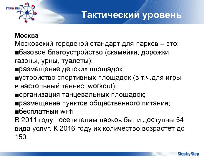 Тактический уровень Москва Московский городской стандарт для парков – это: ■базовое благоустройство (скамейки, дорожки,