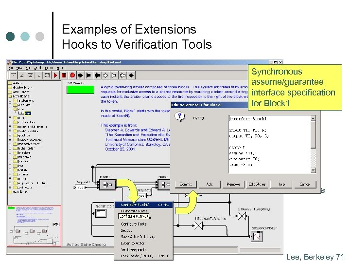 Examples of Extensions Hooks to Verification Tools Synchronous assume/guarantee interface specification for Block 1