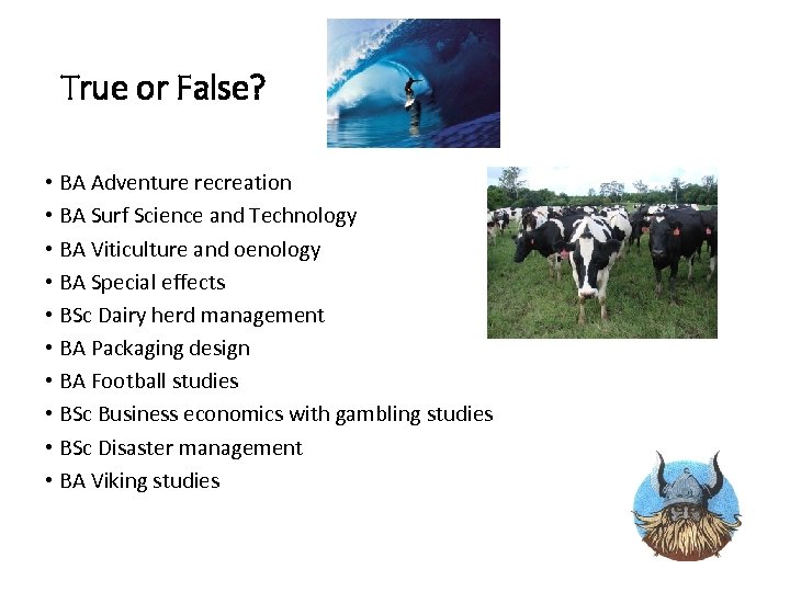 True or False? • BA Adventure recreation • BA Surf Science and Technology •