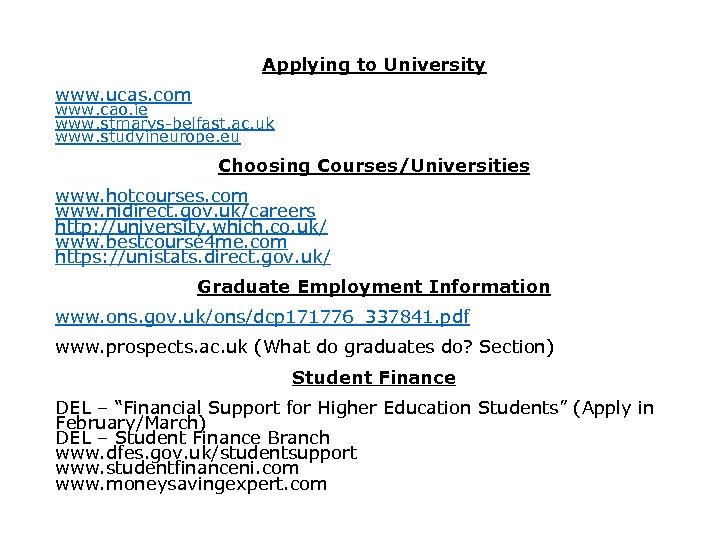 Applying to University www. ucas. com www. cao. ie www. stmarys-belfast. ac. uk www.