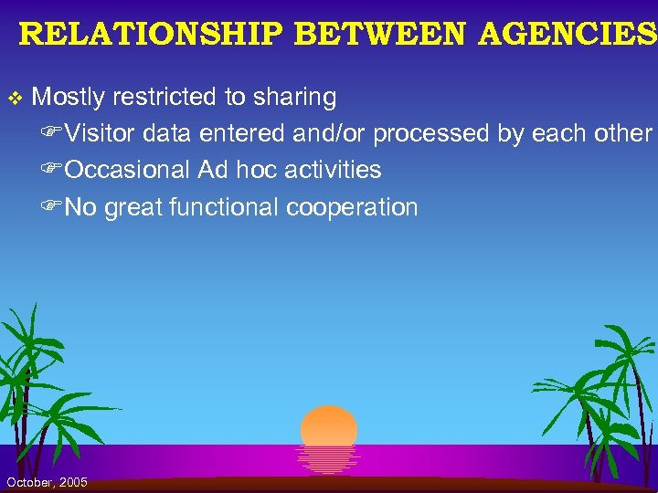 RELATIONSHIP BETWEEN AGENCIES v Mostly restricted to sharing FVisitor data entered and/or processed by