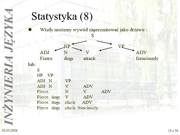 INŻYNIERIA JĘZYKA 20. 05. 2006 Statystyka (8) l Wtedy możemy wywód zaprezentować jako drzewo