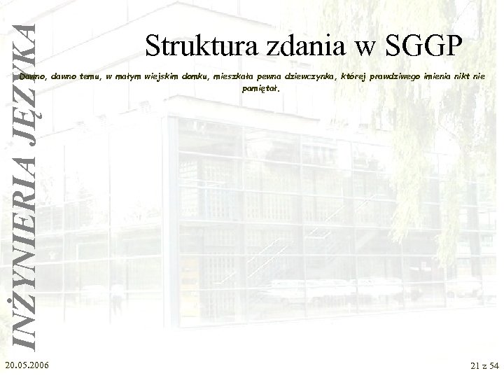 INŻYNIERIA JĘZYKA Struktura zdania w SGGP Dawno, dawno temu, w małym wiejskim domku, mieszkała