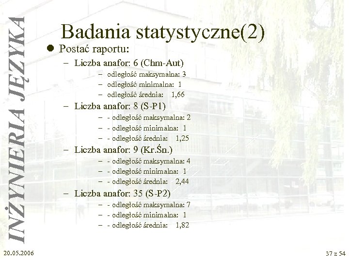 INŻYNIERIA JĘZYKA 20. 05. 2006 Badania statystyczne(2) l Postać raportu: – Liczba anafor: 6