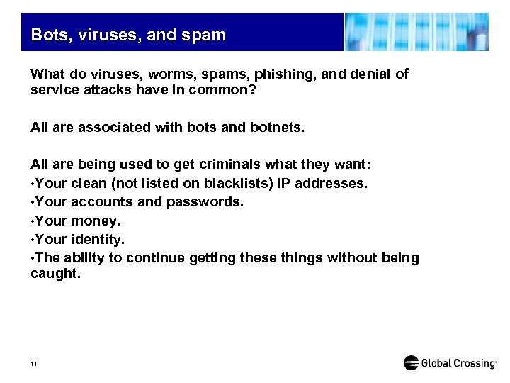 Bots, viruses, and spam What do viruses, worms, spams, phishing, and denial of service