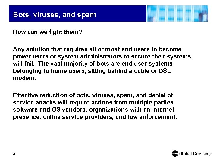 Bots, viruses, and spam How can we fight them? Any solution that requires all