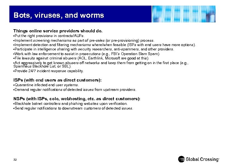 Bots, viruses, and worms Things online service providers should do. • Put the right