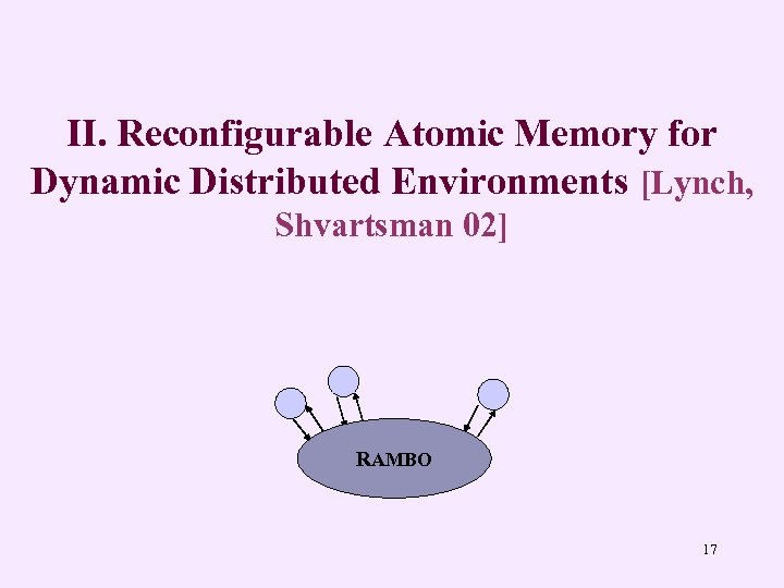 II. Reconfigurable Atomic Memory for Dynamic Distributed Environments [Lynch, Shvartsman 02] RAMBO 17 