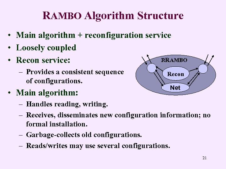 RAMBO Algorithm Structure • Main algorithm + reconfiguration service • Loosely coupled RRAMBO Recon