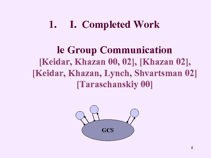 1. I. Completed Work le Group Communication [Keidar, Khazan 00, 02], [Khazan 02], [Keidar,