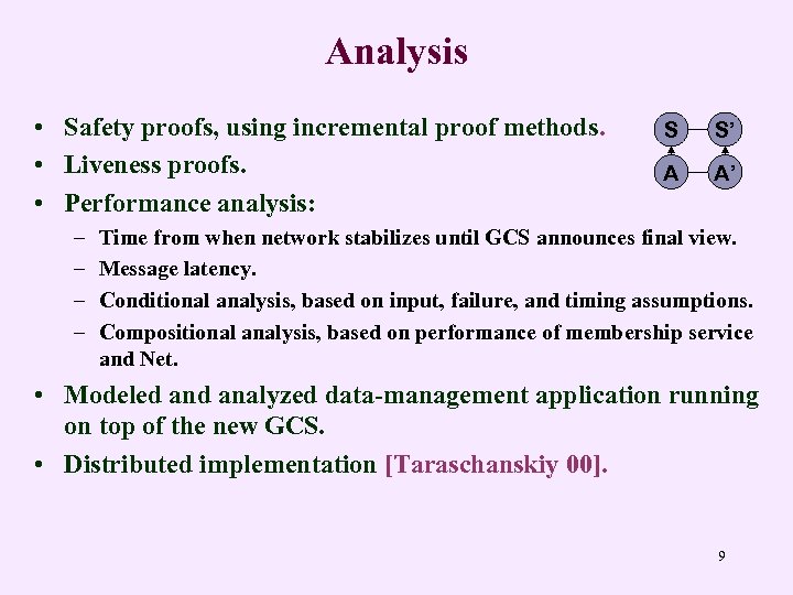 Analysis • Safety proofs, using incremental proof methods. • Liveness proofs. • Performance analysis: