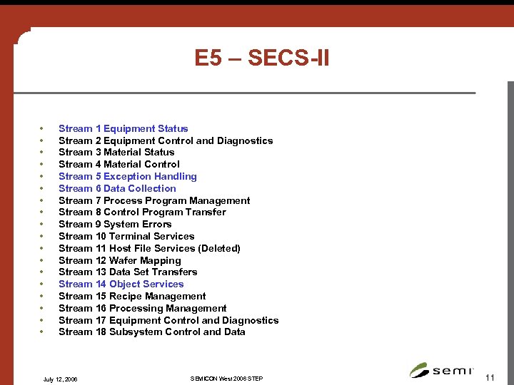 E 5 – SECS-II • • • • • Stream 1 Equipment Status Stream