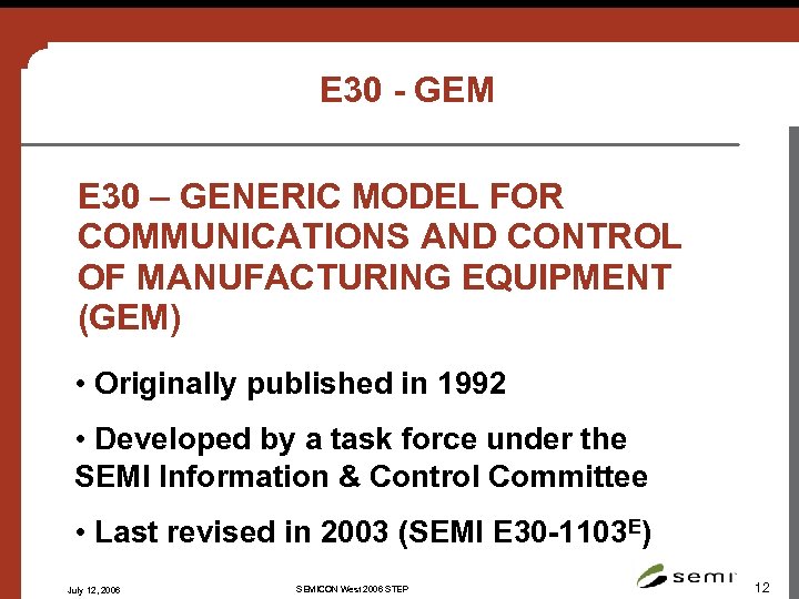 E 30 - GEM E 30 – GENERIC MODEL FOR COMMUNICATIONS AND CONTROL OF