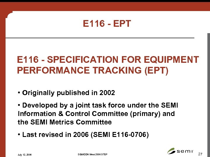 E 116 - EPT E 116 - SPECIFICATION FOR EQUIPMENT PERFORMANCE TRACKING (EPT) •