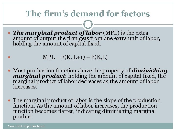 The firm’s demand for factors The marginal product of labor (MPL) is the extra