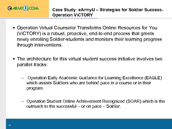 Case Study: e. Army. U – Strategies for Soldier Success. Operation Vi. CTORY §