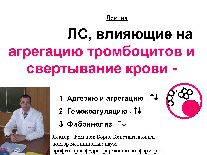 Лекция ЛС, влияющие на агрегацию тромбоцитов и свертывание крови б а 1. Адгезию и