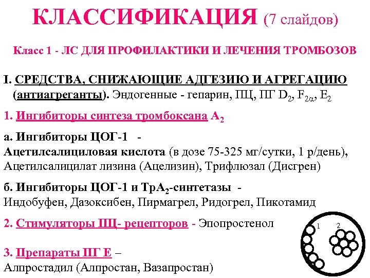 КЛАССИФИКАЦИЯ (7 слайдов) Класс 1 - ЛС ДЛЯ ПРОФИЛАКТИКИ И ЛЕЧЕНИЯ ТРОМБОЗОВ I. СРЕДСТВА,