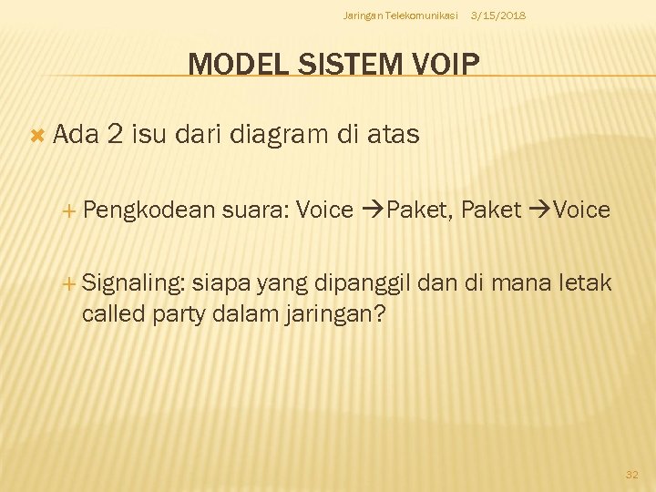 Jaringan Telekomunikasi 3/15/2018 MODEL SISTEM VOIP Ada 2 isu dari diagram di atas Pengkodean