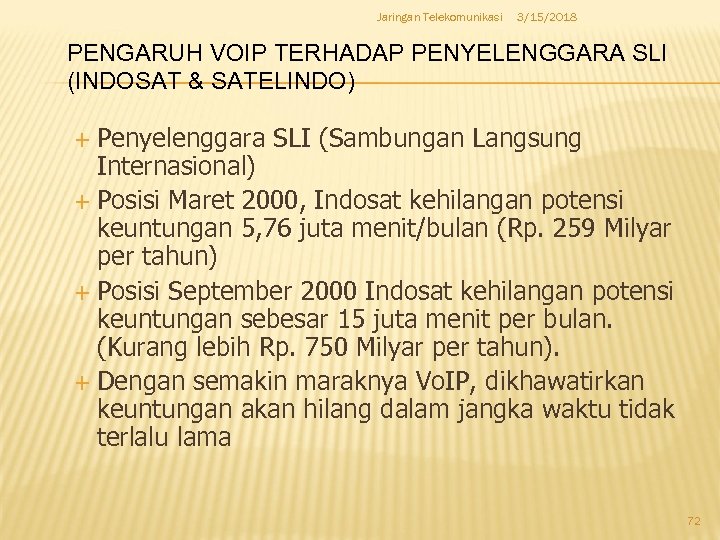 Jaringan Telekomunikasi 3/15/2018 PENGARUH VOIP TERHADAP PENYELENGGARA SLI (INDOSAT & SATELINDO) Penyelenggara SLI (Sambungan