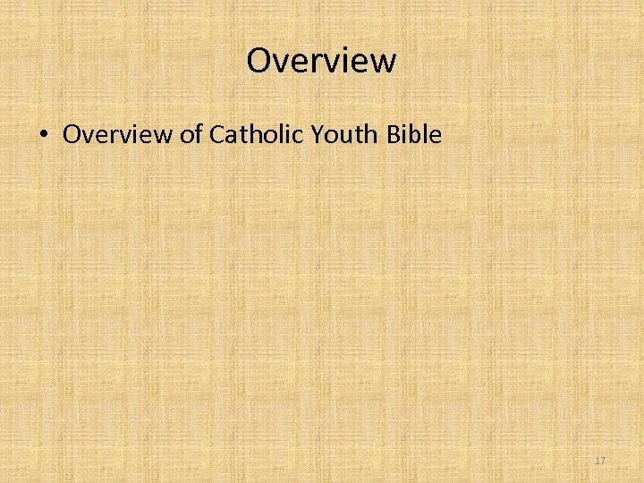 Overview • Overview of Catholic Youth Bible 17 