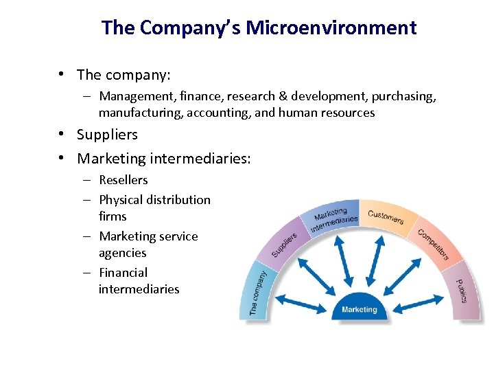 The Company’s Microenvironment • The company: – Management, finance, research & development, purchasing, manufacturing,