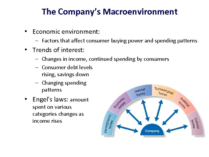 The Company’s Macroenvironment • Economic environment: – Factors that affect consumer buying power and