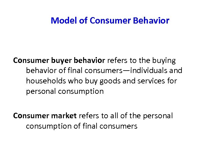 Model of Consumer Behavior Consumer buyer behavior refers to the buying behavior of final