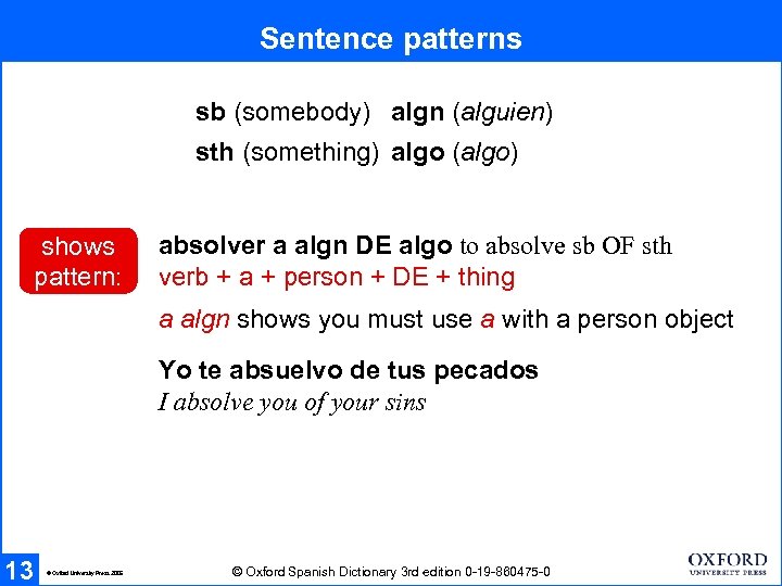 Sentence patterns sb (somebody) algn (alguien) sth (something) algo (algo) shows pattern: absolver a