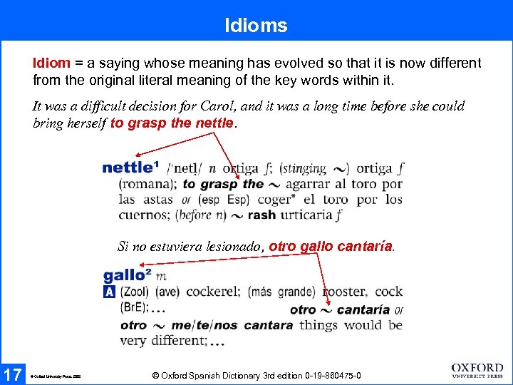 Idioms Idiom = a saying whose meaning has evolved so that it is now
