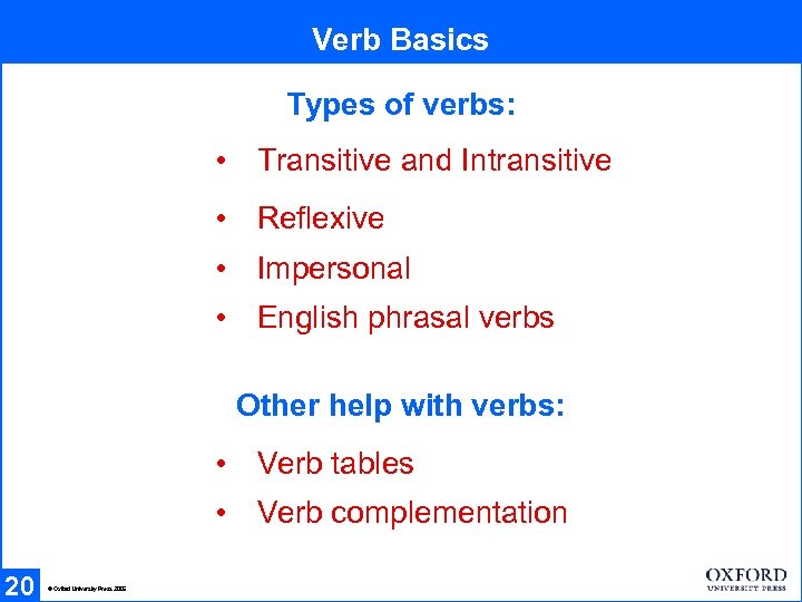 Verb Basics Types of verbs: • Transitive and Intransitive • Reflexive • Impersonal •