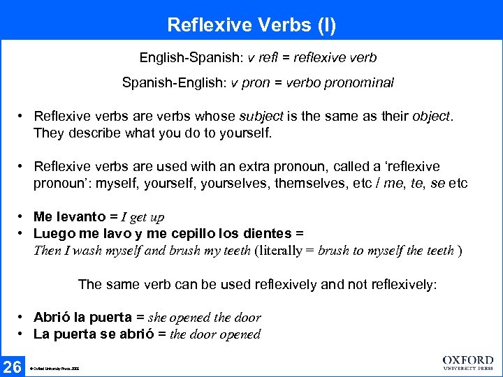 Reflexive Verbs (I) English-Spanish: v refl = reflexive verb Spanish-English: v pron = verbo