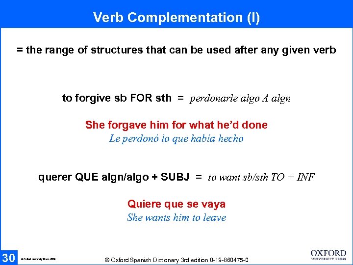 Verb Complementation (I) = the range of structures that can be used after any