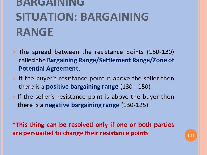 BARGAINING SITUATION: BARGAINING RANGE The spread between the resistance points (150 -130) called the