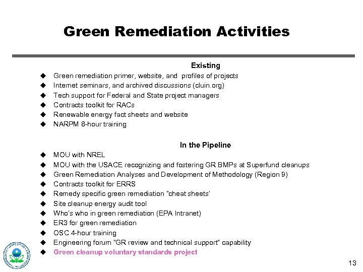 Green Remediation Activities Existing u u u Green remediation primer, website, and profiles of