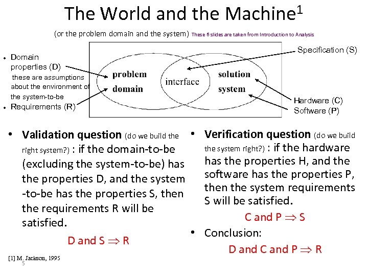 The World and the Machine 1 (or the problem domain and the system) Domain