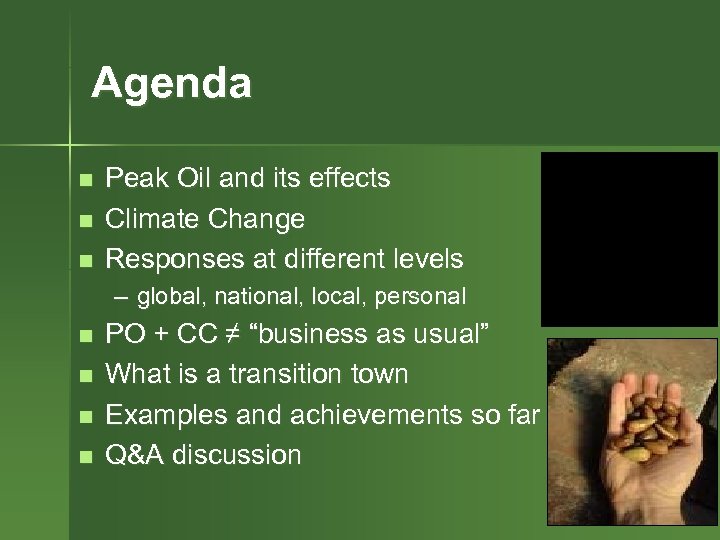 Agenda n n n Peak Oil and its effects Climate Change Responses at different