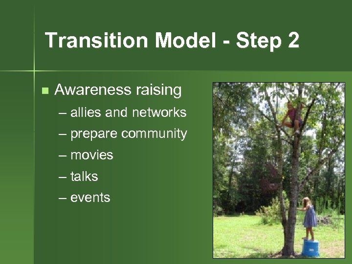 Transition Model - Step 2 n Awareness raising – allies and networks – prepare