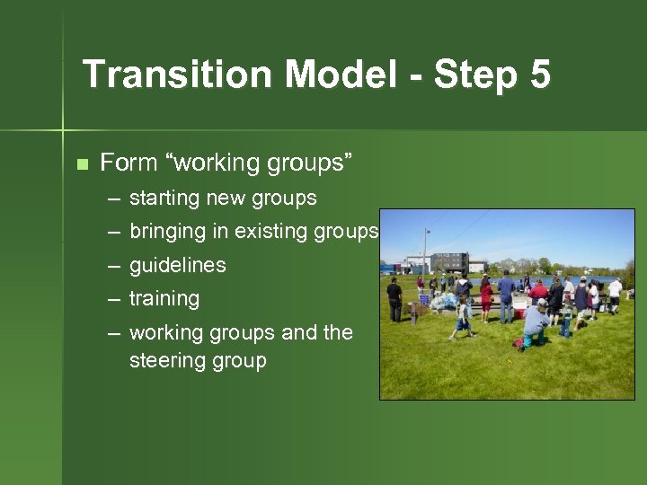 Transition Model - Step 5 n Form “working groups” – starting new groups –