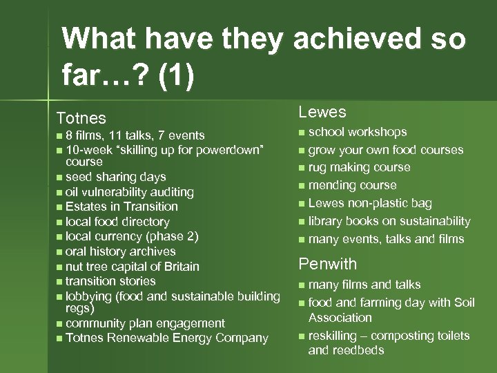 What have they achieved so far…? (1) Totnes 8 films, 11 talks, 7 events