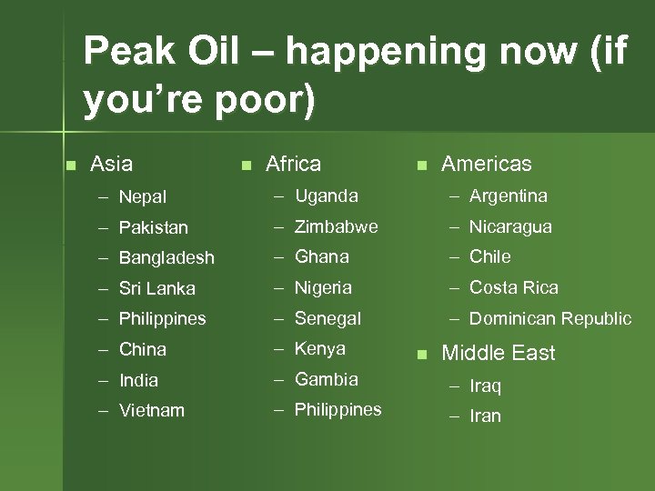 Peak Oil – happening now (if you’re poor) n Asia n Africa n Americas