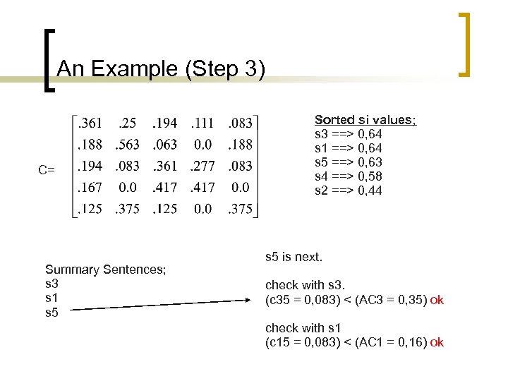 An Example (Step 3) C= Summary Sentences; s 3 s 1 s 5 Sorted