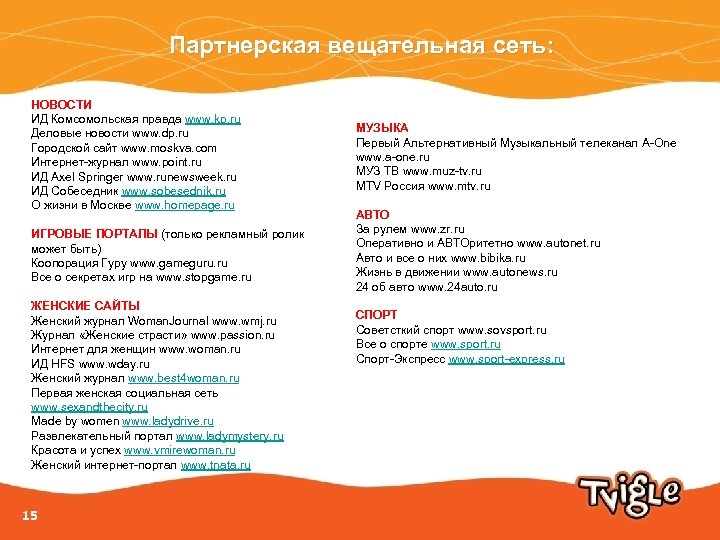 Партнерская вещательная сеть: НОВОСТИ ИД Комсомольская правда www. kp. ru Деловые новости www. dp.