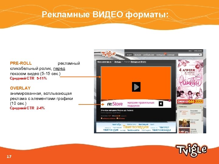 Рекламные ВИДЕО форматы: PRE-ROLL рекламный кликабельный ролик, перед показом видео (5 -15 сек. )