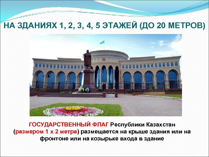 НА ЗДАНИЯХ 1, 2, 3, 4, 5 ЭТАЖЕЙ (ДО 20 МЕТРОВ) ГОСУДАРСТВЕННЫЙ ФЛАГ Республики
