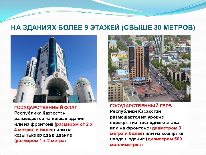 НА ЗДАНИЯХ БОЛЕЕ 9 ЭТАЖЕЙ (СВЫШЕ 30 МЕТРОВ) ГОСУДАРСТВЕННЫЙ ФЛАГ Республики Казахстан размещается на