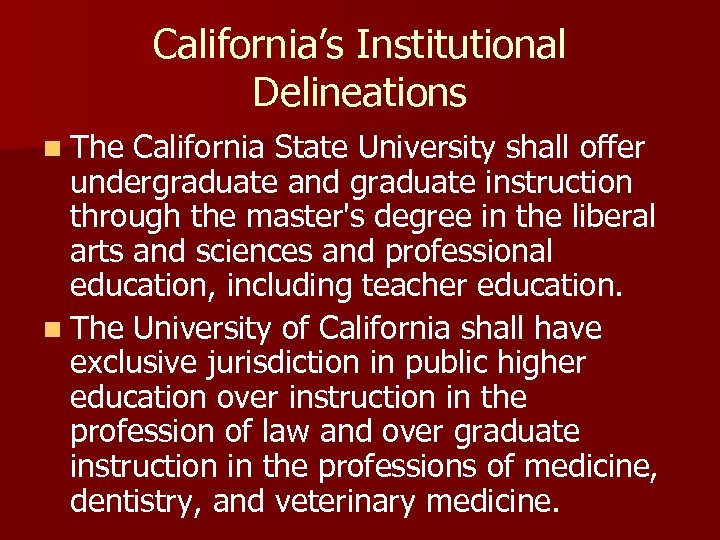 California’s Institutional Delineations n The California State University shall offer undergraduate and graduate instruction