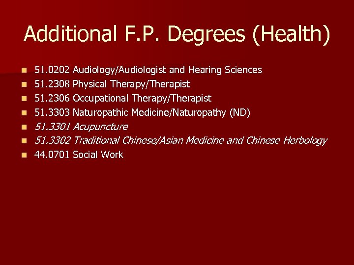 Additional F. P. Degrees (Health) n n 51. 0202 Audiology/Audiologist and Hearing Sciences 51.